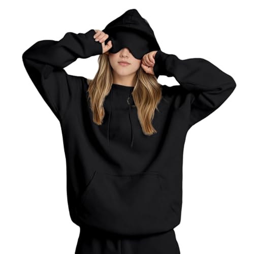 Linkpig Travel Hoodie Damen Oversize Pullover Mit Integrierter Augenmaske Sweatshirt mit Vielen Tasche Schlafmaske Kapuzenpullover Im Flugmodus, Pulli Sweatjacke Sport Oberteile Tops Streetwear von Linkpig
