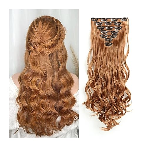 Haarverlängerungen 16 Clip Orange Golden Clip in Lange Wellenförmige Kunsthaarverlängerung 20 Zoll Kupferrot 7PCS Dicke Haarteile Faser Doppelschusshaar for Frauen Natürliches Menschenhaar von Linmeas-753