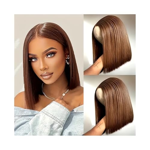 Perücke Perücken Kurze Bob-Perücken, Echthaar, 13 x 4 Spitzenperücken, 180% Dichte, 4#, gerade, transparente Spitzen-Frontalperücke für Frauen Natürliche Tägliche Verwendung(8inches) von Linmeas-753
