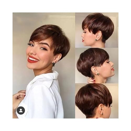 Perücke Perücken Kurze braune Perücke Schokoladenbraune Echthaarperücken Kurze Pixie Cut Perücken mit Pony für Frauen Natürliche Tägliche Verwendung(Bruin) von Linmeas-753