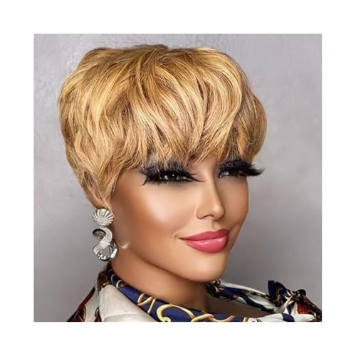 Perücke Perücken Kurze geschichtete Pixie-Perücken aus Echthaar for schwarze Frauen, Echthaarperücken mit Pony für Frauen Natürliche Tägliche Verwendung(Light Brown) von Linmeas-753