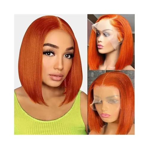 Perücke Perücken Lace Front Kurze Perücke Orange Ingwer Gerade T Teil Spitze Transparente Frontalperücken Menschliches Haar für Frauen Natürliche Tägliche Verwendung(10inches) von Linmeas-753