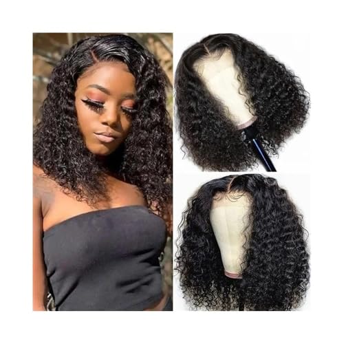 Perücke Perücken Lockige Bob-Spitzenperücke for Frauen, tiefe Wellen, Echthaarperücken, kurze T-Teil-Spitzen-Frontalperücke für Frauen Natürliche Tägliche Verwendung(14inches) von Linmeas-753