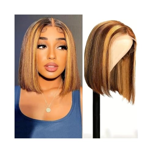 Linmeas-753 Perücke Perücken T-Teil Lace Front Bob Perücken Honigblond Glatt Kurzes Echthaar Bob Lace Front Perücken Echthaar 180 Dichte für Frauen Natürliche Tägliche Verwendung(16inches) von Linmeas-753
