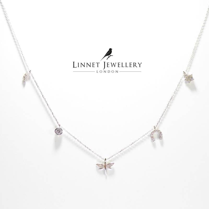 Mond Stern Pferd Schuh Drache Fliege 14K Massiv Weiß Gold Glückskette | Kette 17"/43cm von LinnetJewellery