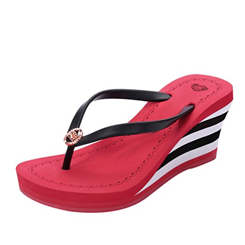 LINNUO Damen Gestreifte Zehentrenner Pantoletten Sandalen Plateau Flip Flop mit Keilabsatz Hausschuhe Strand Sommer mit Metall (Rot,35 EU) von Linnuo