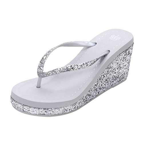 LINNUO Damen Zehentrenner Pantoletten mit Pailletten Sandalen Keilabsatz Sommer Flip Flop Plateau Strand Hausschuhe (Silber,38 EU) von Linnuo