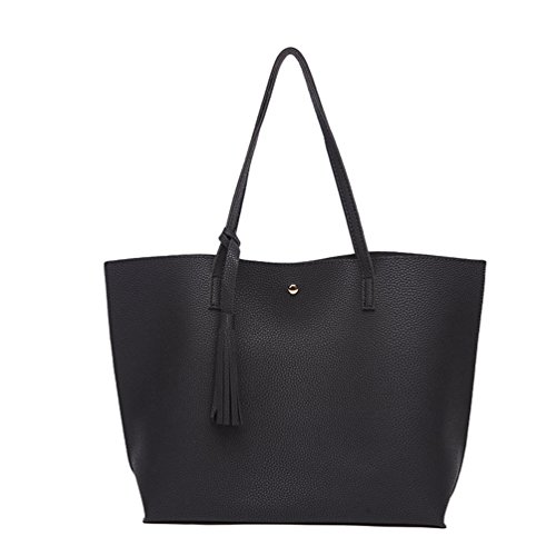 LINNUO Henkeltaschen Damen Tasche Große Schultertaschen Umhängetaschen Shopper Damenhandtaschen mit Quasten (Schwarz,36 * 10 * 30cm) von Linnuo