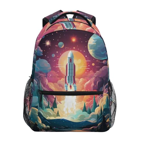 Cartoon-Kunst-Weltraumrakete Mädchen Jungen Schulrucksack - Verstellbare & Bequeme Tragegurte, Geräumig mit Mehreren Taschen für Schule Studententaschen von Linnyio