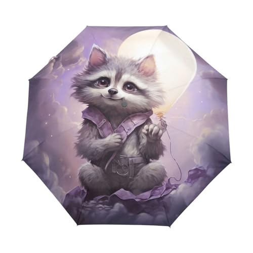 Lila Süßer Waschbär Automatischer Sonnenschutz Regenschirm - Windfest, Kompakt & Leicht - Idealer Reiseschirme für Jungen Mädchen von Linnyio