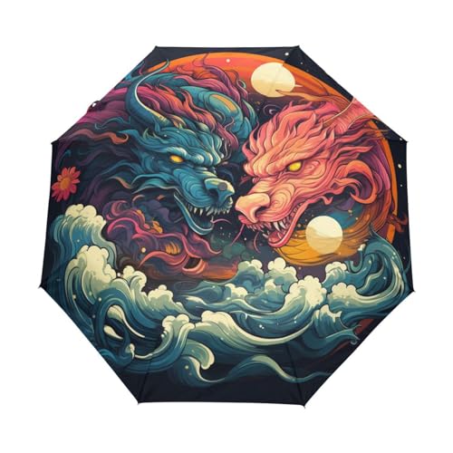 Linnyio Aquarell Coole Drachen Automatischer Sonnenschutz Regenschirm - Windfest, Kompakt & Leicht - Idealer Reiseschirme für Jungen Mädchen von Linnyio