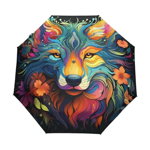 Linnyio Aquarell-Kunstwerk Wolf Automatischer Sonnenschutz Regenschirm - Windfest, Kompakt & Leicht - Idealer Reiseschirme für Jungen Mädchen von Linnyio