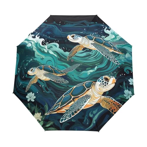 Linnyio Ausgefallene Aquarellschildkröten Automatischer Sonnenschutz Regenschirm - Windfest, Kompakt & Leicht - Idealer Reiseschirme für Jungen Mädchen von Linnyio
