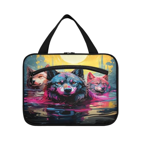 Linnyio Ausgefallene Aquarellwölfe Hängende Reise-Toilettenartikel-Kosmetik-Make-Up-Tasche,Große Kapazität Faltbare Aufbewahrung Kulturbeutel für Damen Mädchen von Linnyio