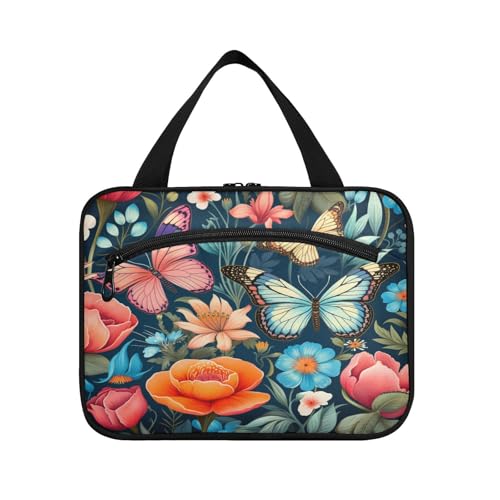 Linnyio Bunte Aquarell Schmetterlinge Blumen Hängende Reise-Toilettenartikel-Kosmetik-Make-Up-Tasche,Große Kapazität Faltbare Aufbewahrung Kulturbeutel für Damen Mädchen von Linnyio