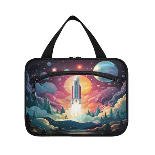 Linnyio Cartoon Kunst Weltraumrakete Hängende Reise-Toilettenartikel-Kosmetik-Make-Up-Tasche,Große Kapazität Faltbare Aufbewahrung Kulturbeutel für Damen Mädchen von Linnyio