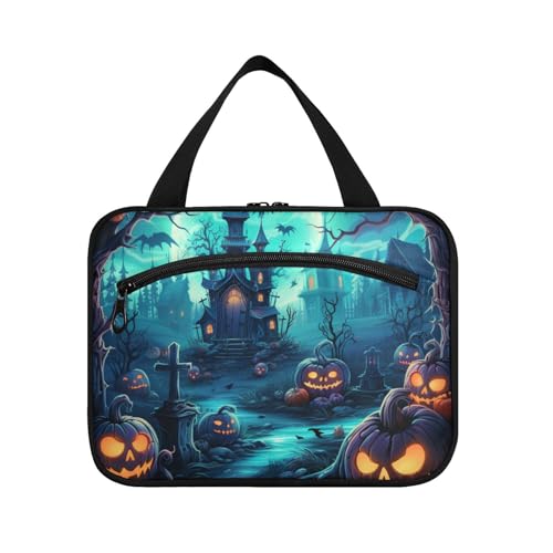 Linnyio Halloween Muster Gebrannter Kürbis Hängende Reise-Toilettenartikel-Kosmetik-Make-Up-Tasche,Große Kapazität Faltbare Aufbewahrung Kulturbeutel für Damen Mädchen von Linnyio