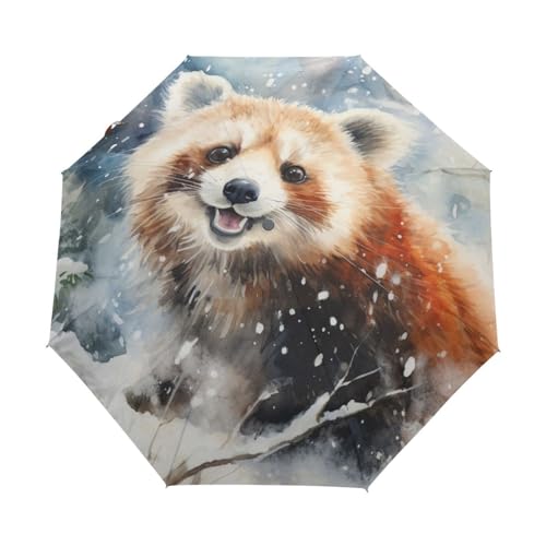 Linnyio Schneeaquarell Roter Panda Automatischer Sonnenschutz Regenschirm - Windfest, Kompakt & Leicht - Idealer Reiseschirme für Jungen Mädchen von Linnyio