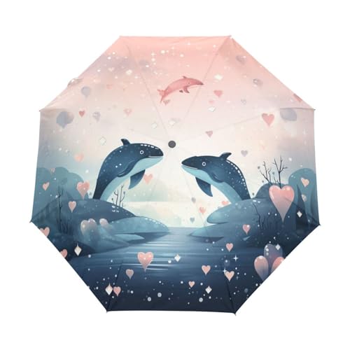 Linnyio Süße Cartoon-Delfine Automatischer Sonnenschutz Regenschirm - Windfest, Kompakt & Leicht - Idealer Reiseschirme für Jungen Mädchen von Linnyio