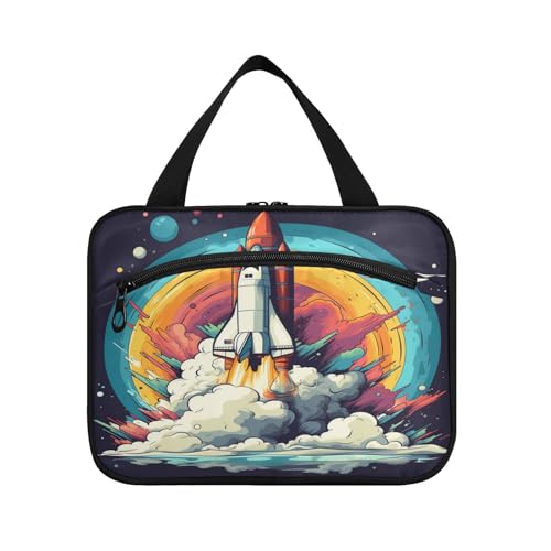 Linnyio Weltraum Cartoon Feuerte Rakete Ab Hängende Reise-Toilettenartikel-Kosmetik-Make-Up-Tasche,Große Kapazität Faltbare Aufbewahrung Kulturbeutel für Damen Mädchen von Linnyio