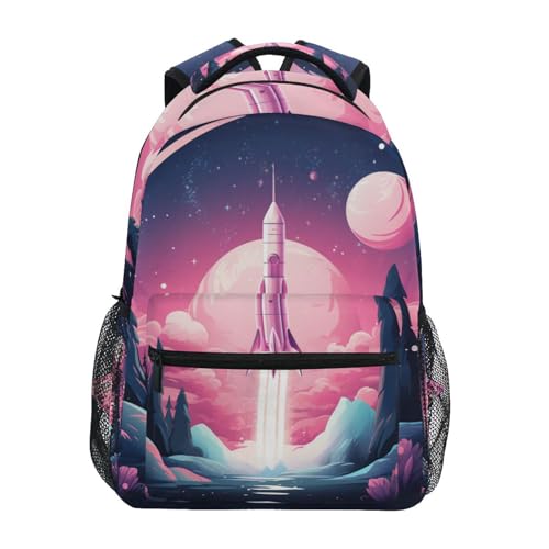 Rosa Weltraumrakete Mädchen Jungen Schulrucksack - Verstellbare & Bequeme Tragegurte, Geräumig mit Mehreren Taschen für Schule Studententaschen von Linnyio