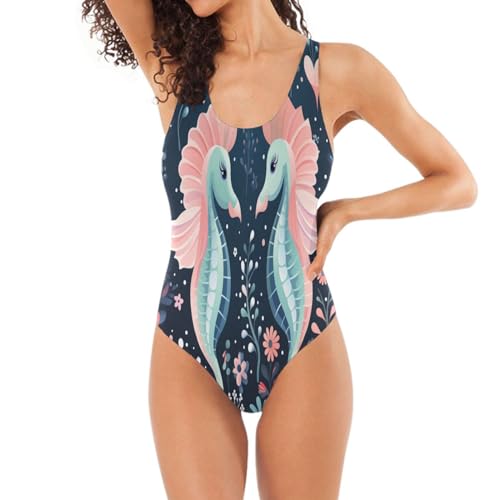 Süßes Lustiges Cartoon-Seepferdchen Eleganter Damen Badeanzug Einteiler Monokini,Strandmode Unterstützendem Design,Ideal für Pool & Strand von Linnyio
