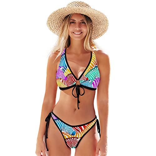 Linomo Bunt Zebra Druck Damen Bikini Set Zweiteiliger Badeanzug Bademode Swimsuit von Linomo