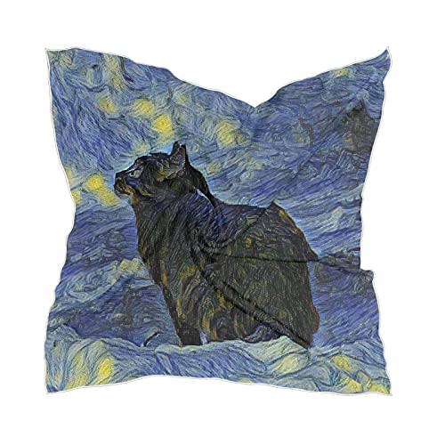 Linomo Damen Chiffon Seidentuch Sternennacht Kunst Katze quadratisch Schal Wrap Seide wie Schal von Linomo
