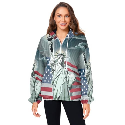 Linomo Damen Mädchen Kapuzenpullover Freiheitsstatue Amerikanisch Flagge Warmer Winterpullover Hoodie Fleece Sweatshirt Pullover Hooded Hoody von Linomo