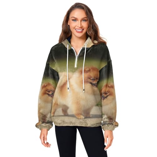 Linomo Damen Mädchen Kapuzenpullover Süß Pommern Hund Warmer Winterpullover Hoodie Fleece Sweatshirt Pullover Hooded Hoody von Linomo
