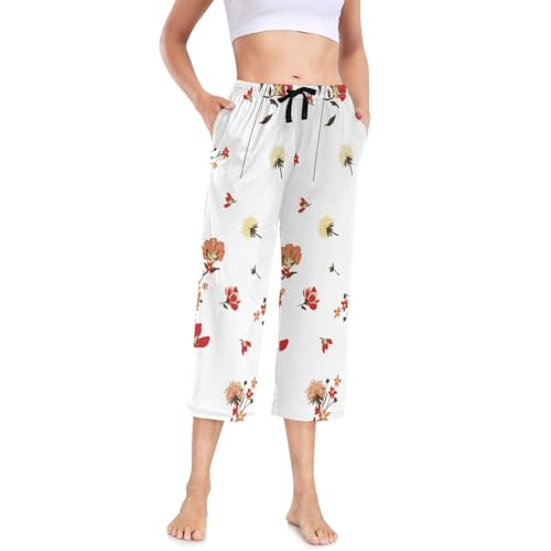 Linomo Damen Pyjamahose Blumen Blume Damen Schlafanzughose 3/4 Lang Pyjamahose Nachtwäsche Schlafhose von Linomo