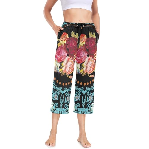 Linomo Damen Pyjamahose Blumen Blume Rose Damen Schlafanzughose 3/4 Lang Pyjamahose Nachtwäsche Schlafhose von Linomo
