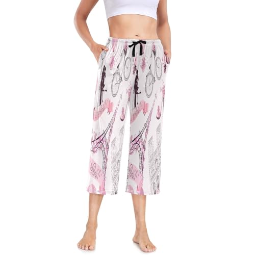 Linomo Damen Pyjamahose Blumen Eiffelturm Rosa Damen Schlafanzughose 3/4 Lang Pyjamahose Nachtwäsche Schlafhose von Linomo