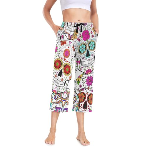 Linomo Damen Pyjamahose Blumen Zucker Schädel Blume Damen Schlafanzughose 3/4 Lang Pyjamahose Nachtwäsche Schlafhose von Linomo