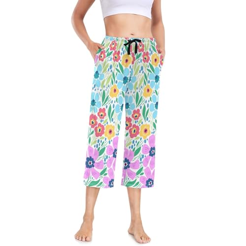Linomo Damen Pyjamahose Bunt Blumen Blume Damen Schlafanzughose 3/4 Lang Pyjamahose Nachtwäsche Schlafhose von Linomo
