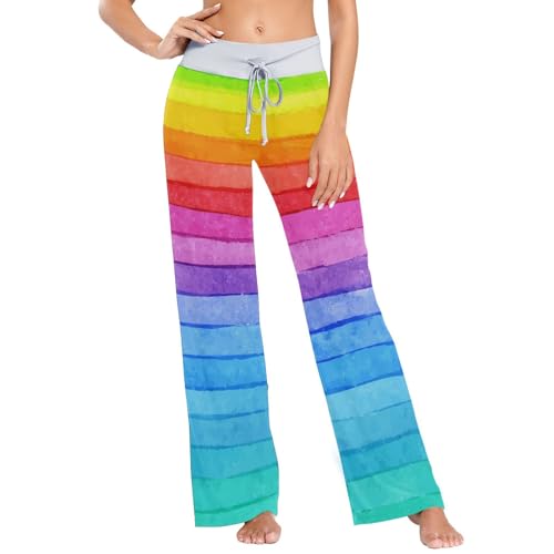 Linomo Damen Pyjamahose Bunt Regenbogen Loungehose Schlafanzughose Freizeithose YogaHose Weites Bein Hose von Linomo