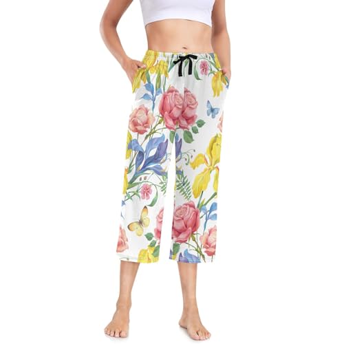 Linomo Damen Pyjamahose Bunter Blumenblumen-Schmetterling Damen Schlafanzughose 3/4 Lang Pyjamahose Nachtwäsche Schlafhose von Linomo