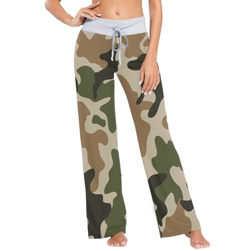 Linomo Damen Pyjamahose Camo Grün Tarnen Loungehose Schlafanzughose Freizeithose YogaHose Weites Bein Hose von Linomo