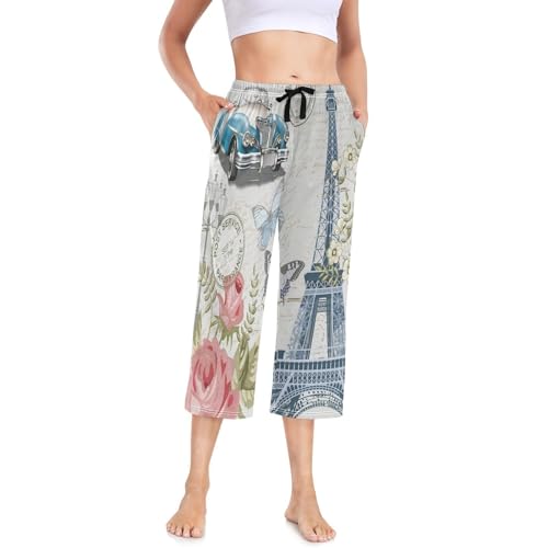 Linomo Damen Pyjamahose Jahrgang Eiffelturm Blume Schmetterling Damen Schlafanzughose 3/4 Lang Pyjamahose Nachtwäsche Schlafhose von Linomo