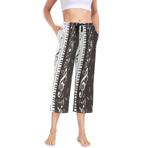 Linomo Damen Pyjamahose Musik Note Musical Klavier Damen Schlafanzughose 3/4 Lang Pyjamahose Nachtwäsche Schlafhose von Linomo