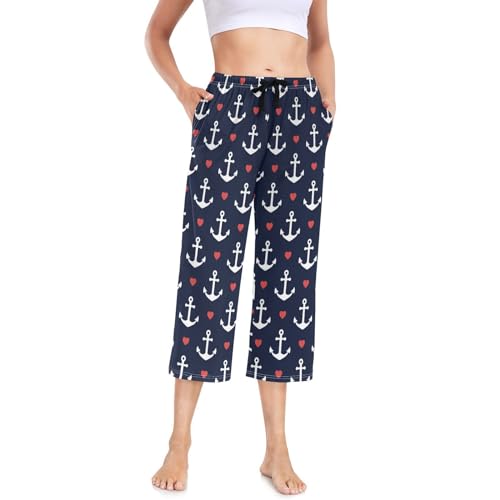 Linomo Damen Pyjamahose Nautisch Anker Liebe Herz Damen Schlafanzughose 3/4 Lang Pyjamahose Nachtwäsche Schlafhose von Linomo
