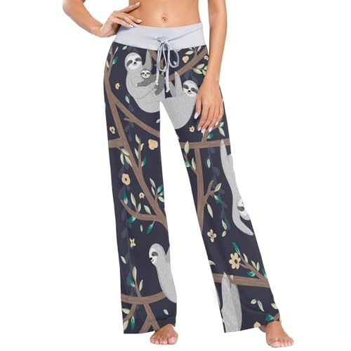 Linomo Damen Pyjamahose Süß Faultier Loungehose Schlafanzughose Freizeithose YogaHose Weites Bein Hose von Linomo