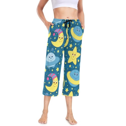Linomo Damen Pyjamahose Süß Sonne Mond Star Damen Schlafanzughose 3/4 Lang Pyjamahose Nachtwäsche Schlafhose von Linomo