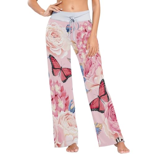 Linomo Damen Pyjamahose mit weitem Bein, Blumenmuster, Schmetterling, Blume, Pyjama, Hose, Loungewear, Nachtwäsche, Yoga, Freizeithose, mehrfarbig, 38 von Linomo