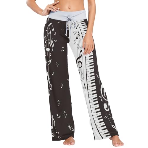 Linomo Damen Pyjamahose mit weitem Bein, Musiknoten, Klavier, Hose, Loungewear, Nachtwäsche, Yoga, Freizeithose, mehrfarbig, 36 von Linomo