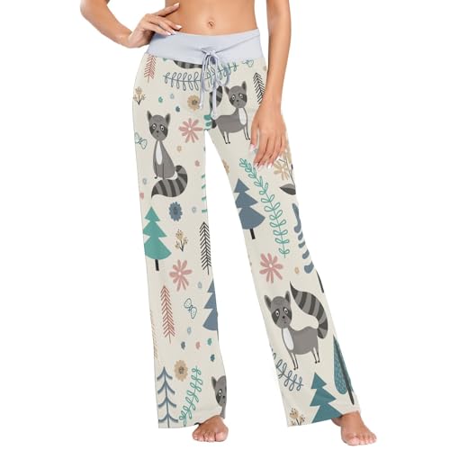 Linomo Damen Pyjamahose mit weitem Bein, niedlicher Waschbär, Blumenblätter, Schlafanzughose, Loungewear, Nachtwäsche, Yoga, Freizeithose, mehrfarbig, 32 von Linomo