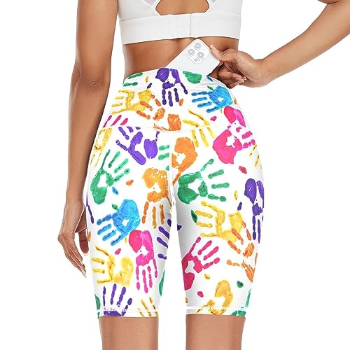 Linomo Damen Yoga Shorts Abstrakt Farbig Handabdruck Yoga-Hose Kurze Sporthose Leggings Fitness Shorts Laufhose Kurze Hose von Linomo