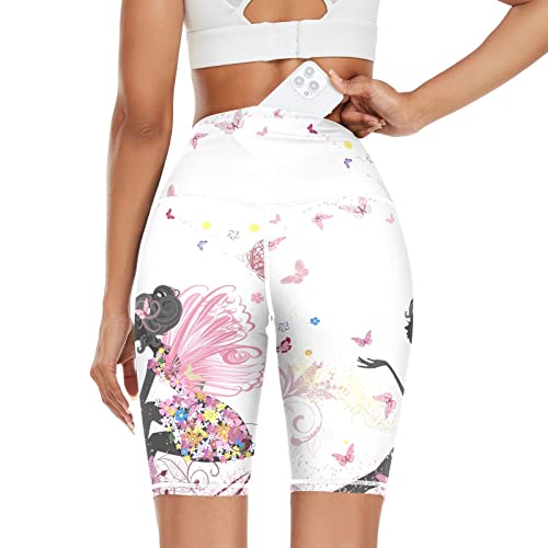 Linomo Damen Yoga Shorts Blumen Blume Schmetterling Mädchen Yoga-Hose Kurze Sporthose Leggings Fitness Shorts Laufhose Kurze Hose von Linomo