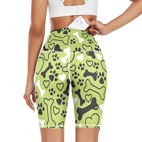 Linomo Damen Yoga Shorts Hund Pfote Knochen Herz Muster Yoga-Hose Kurze Sporthose Leggings Fitness Shorts Laufhose Kurze Hose von Linomo