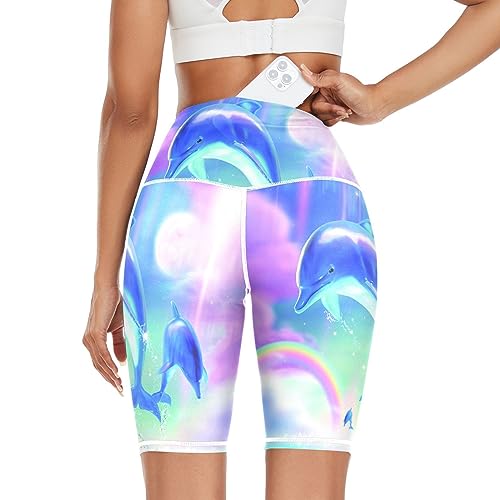 Linomo Damen Yoga Shorts Süß Delfin Yoga-Hose Kurze Sporthose Leggings Fitness Shorts Laufhose Kurze Hose von Linomo